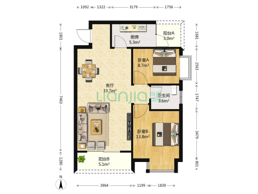 富馨苑 2室1厅1卫 88平方