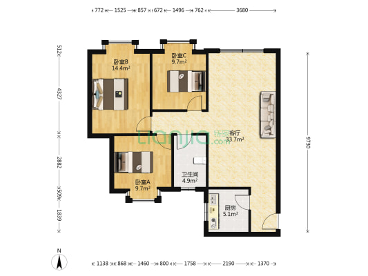 金色田园 3室1厅1卫 90平方