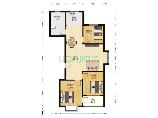 华府名城 3室1厅1卫 108平方
