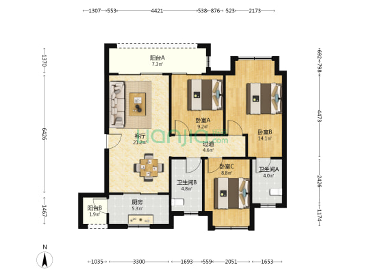 西阅星辰C区 3室1厅2卫 97平方