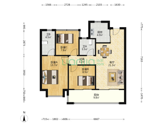 金辉云缦熙境花园 3室1厅2卫 103平方