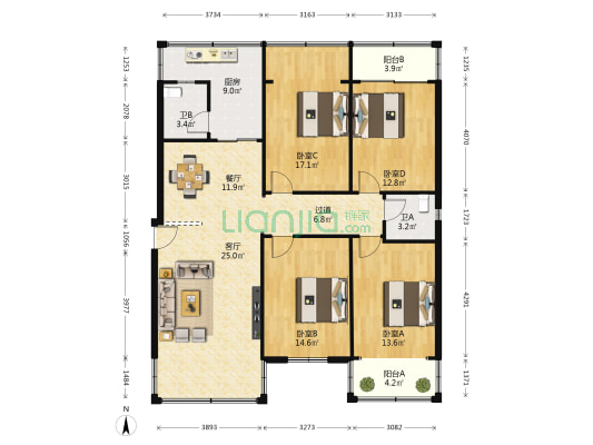 蟠桃园 4室2厅2卫 144平方