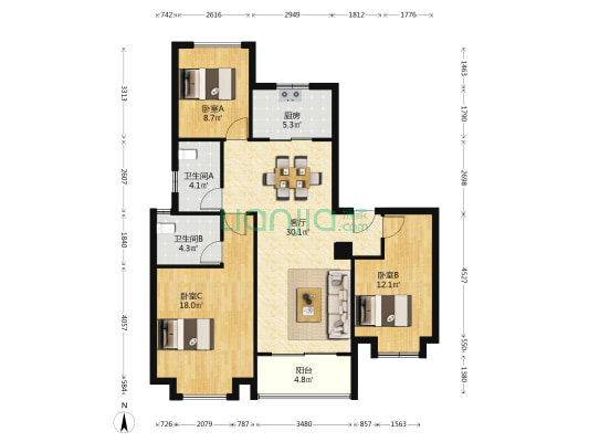 旭辉华宇南宸府 3室1厅2卫 116平方