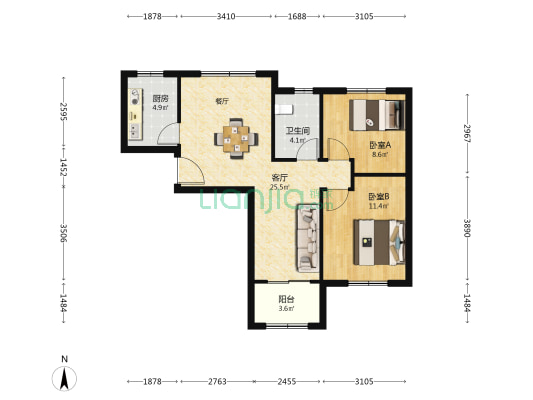 江通苑 2室1厅1卫 82平方