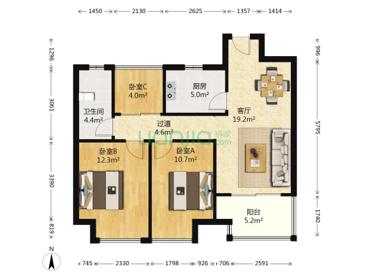 绿地滨湖国际城五区 3室1厅1卫 89平方