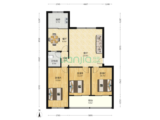 华兴小区 3室2厅1卫 107平方
