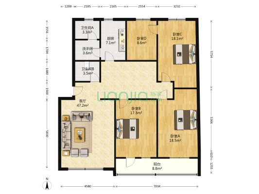 华阳建行小区   南北通透   四居室    满二-户型图