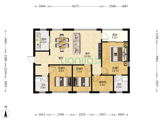 万科魅力之城二期 3室1厅2卫 96平方