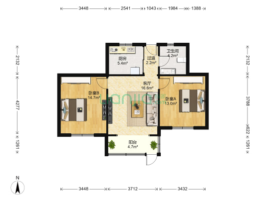 上钞桂花苑 2室1厅1卫 70平方