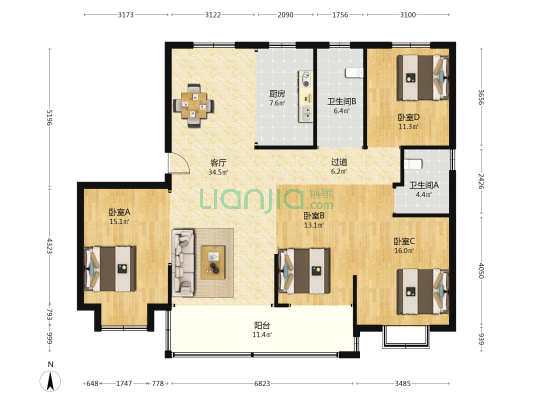 南国裕墅 4室1厅2卫 160平方