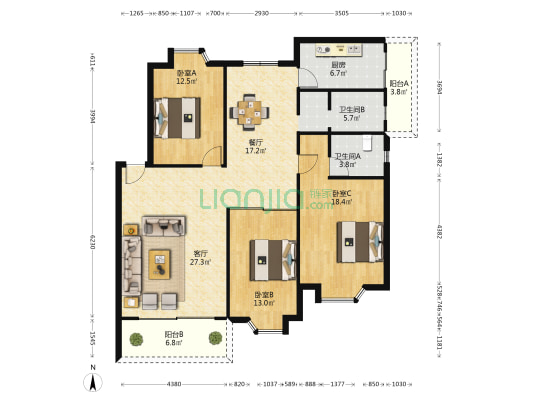 汇春名庭北区 3室2厅2卫 127平方