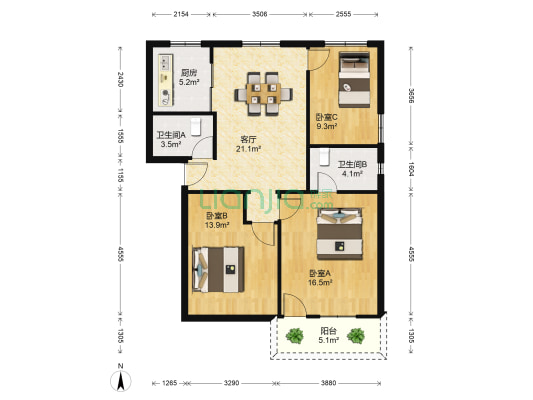 市二中教师宿舍 3室1厅2卫 120平方