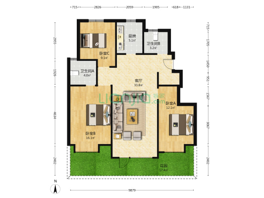 水山上阅 3室1厅2卫 118平方