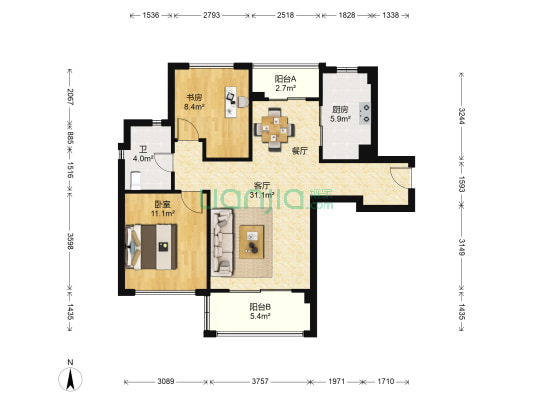 万科金色水岸二期 2室1厅1卫 88平方
