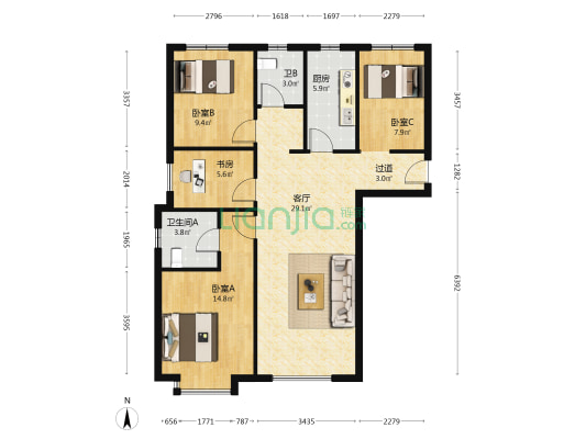 学知华庭 4室1厅2卫 105平方