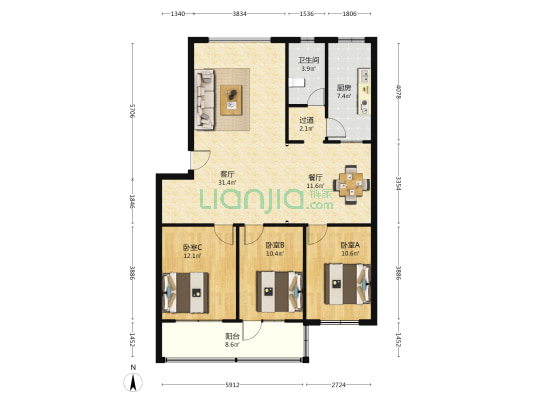 樱南东小区 3室2厅1卫 119平方
