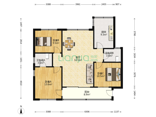 粮贸小区 3室1厅2卫 109平方