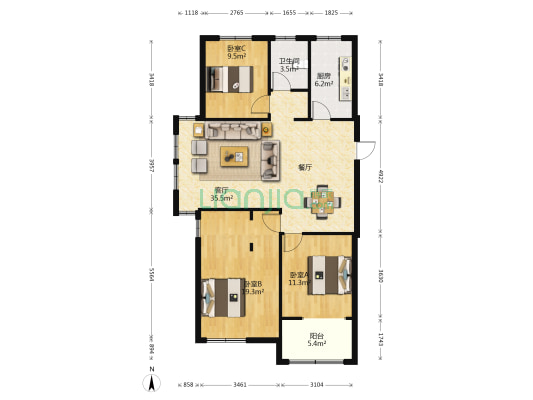 云龙紫荆园 3室1厅1卫 117平方