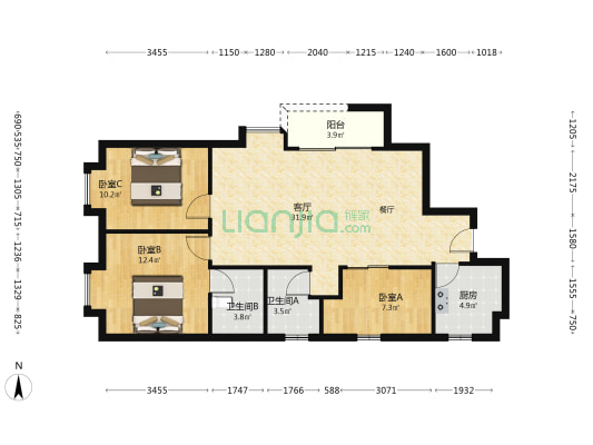 凤安大厦 3室1厅2卫 105平方
