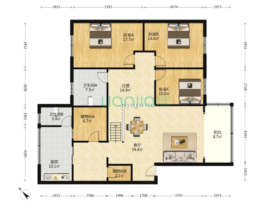 竹园巷3号 3室1厅2卫 160平方