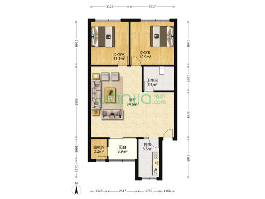 杨祠街南二巷2号 2室1厅1卫 88平方
