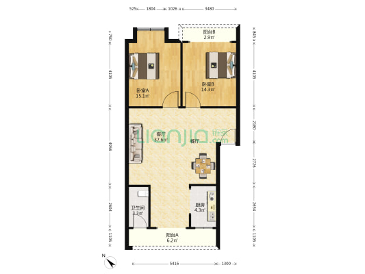 东安二组 2室1厅1卫 96平方