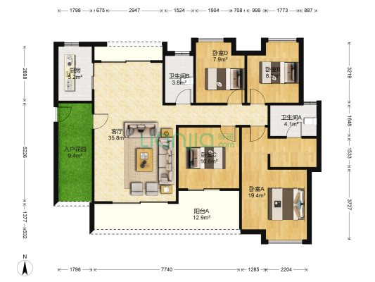 绿地大都会 4室1厅2卫 144平方
