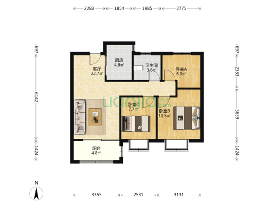 上东逸境 3室1厅1卫 88平方