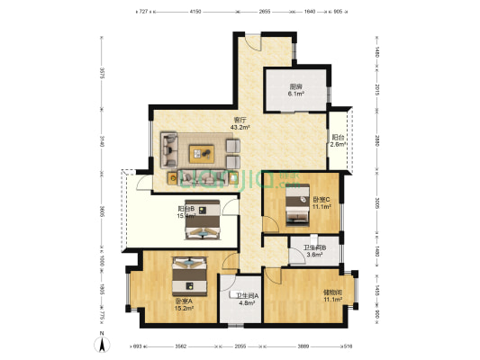 中信富春山居 2室1厅2卫 134平方
