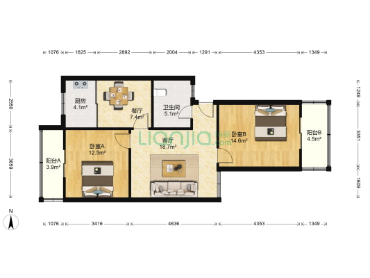华瑞紫光苑 2室2厅1卫 92平方