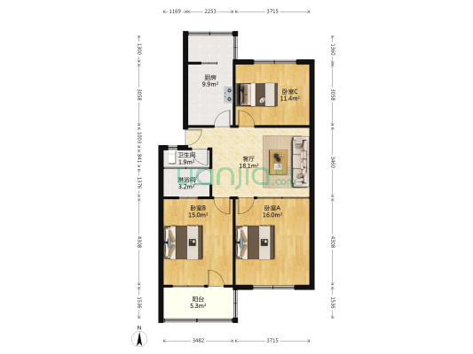 京果厂宿舍 3室1厅2卫 95平方