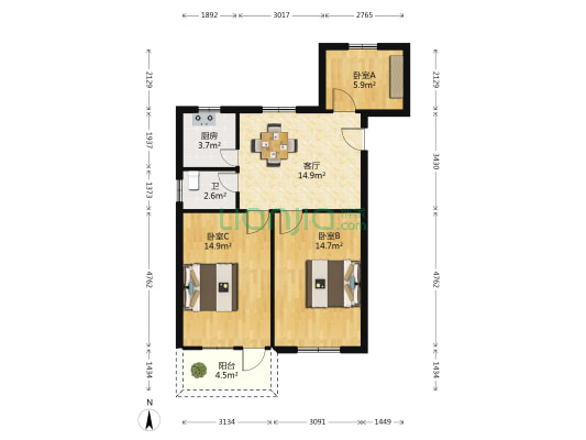 秀州路197号 3室1厅1卫 74平方