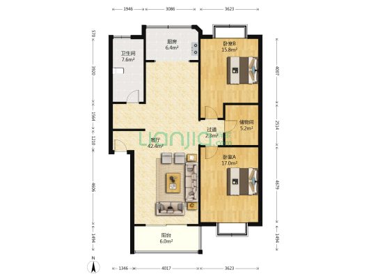 美丽新城南区 2室1厅1卫 120平方