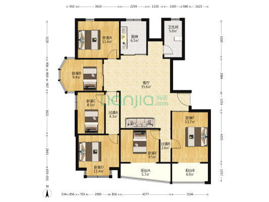 华辰大厦 6室1厅1卫 189平方