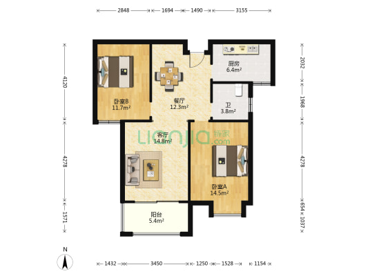 灯塔家园二期C区 2室2厅1卫 85平方