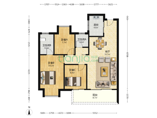 九颂山河春江悦 3室1厅2卫 101平方