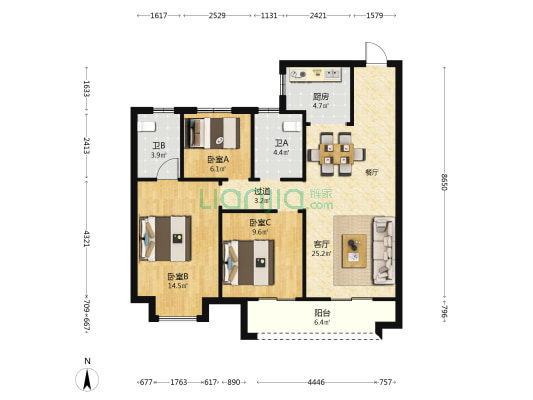 金地中梁棠境 3室1厅2卫 110平方