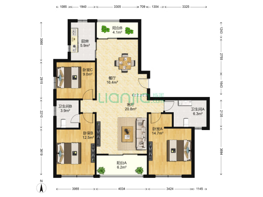 阳光花城 3室2厅2卫 135平方