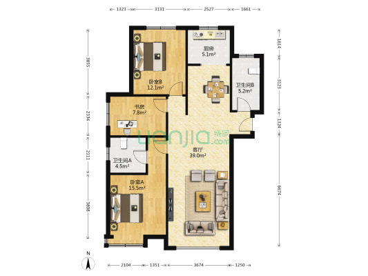 鹏博·风情广场 3室1厅2卫 118平方