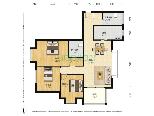 临江豪园 3室1厅2卫 126平方