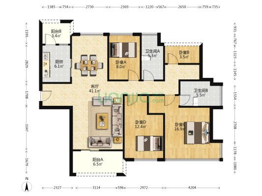 万城皇冠豪苑 4室1厅2卫 128平方