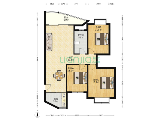 创和王府 3室1厅1卫 127平方
