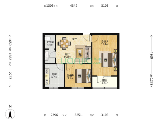 中铁二十局物资公司职工公寓 2室1厅1卫 65平方