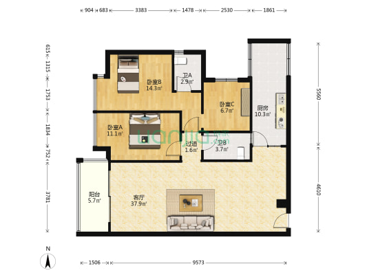 泓都名邸 3室1厅2卫 105平方