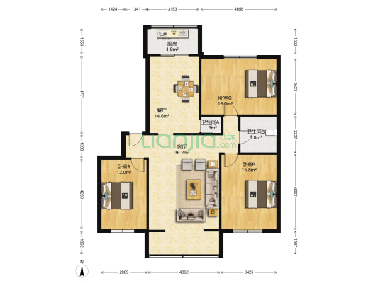 丰源山庄 3室2厅2卫 133平方