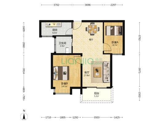 港悦华府 2室1厅1卫 86平方