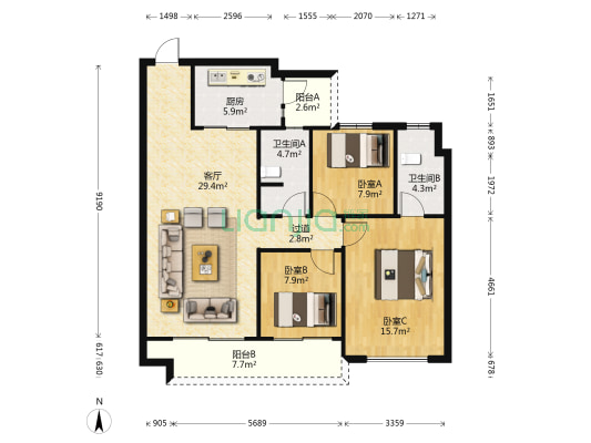 碧桂园·中央公园 3室1厅2卫 106平方