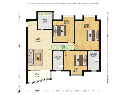 恒鑫大厦 3室1厅2卫 122平方