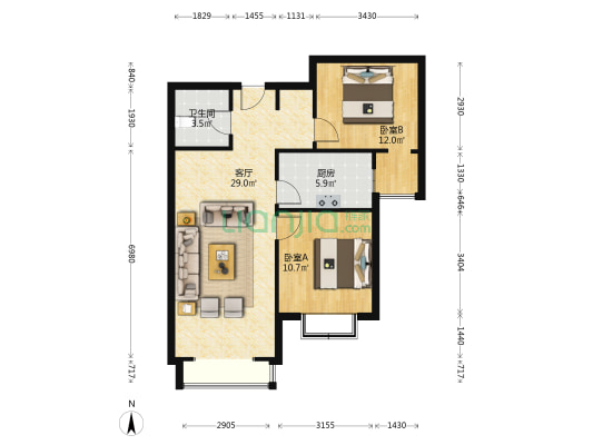 全阳两居，户型方正，精装修，花园小区，封闭管理-户型图