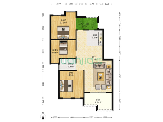 尚格康桥漫步 3室1厅1卫 89平方